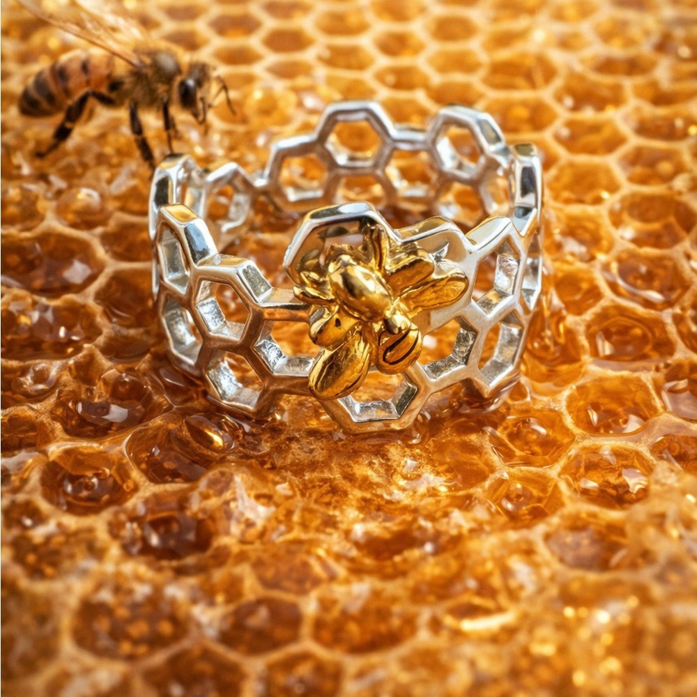 Bee and Honeycomb Adjustable Ring